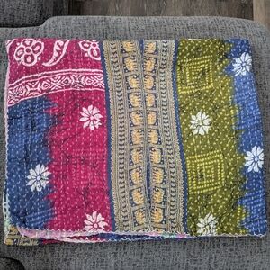 Handmade Multicolor Kantha Quilt Throw - Pink, Blue & Green